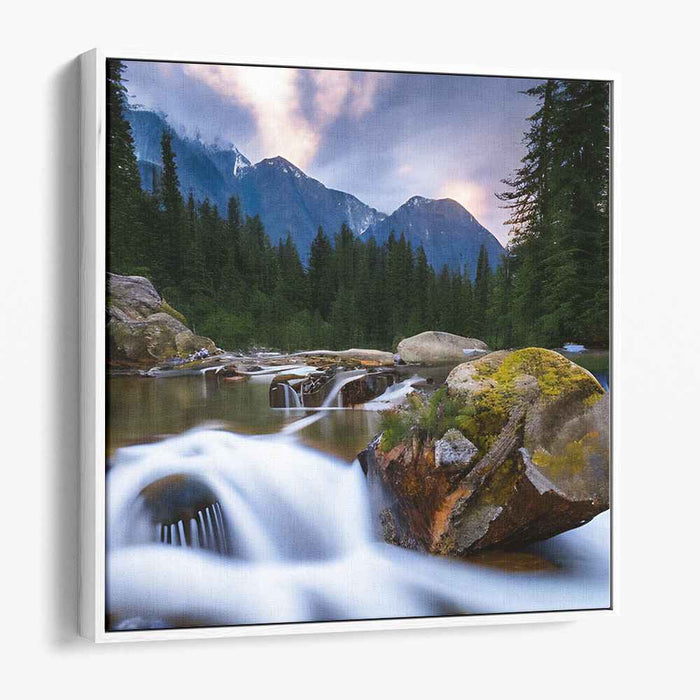 Sunset Cascades: Serenity's Embrace: Serene Forest Waterfall at Sunset Canvas Art Print