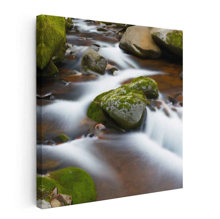 Cascading Nature's Tranquility: Serene Moss-Covered Rocks and Flowing Water Canvas Art Print