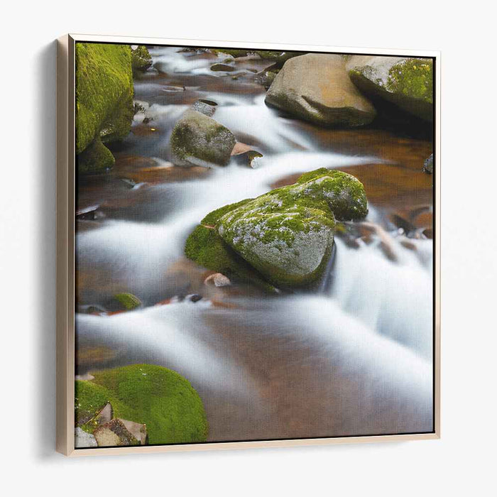 Cascading Nature's Tranquility: Serene Moss-Covered Rocks and Flowing Water Canvas Art Print