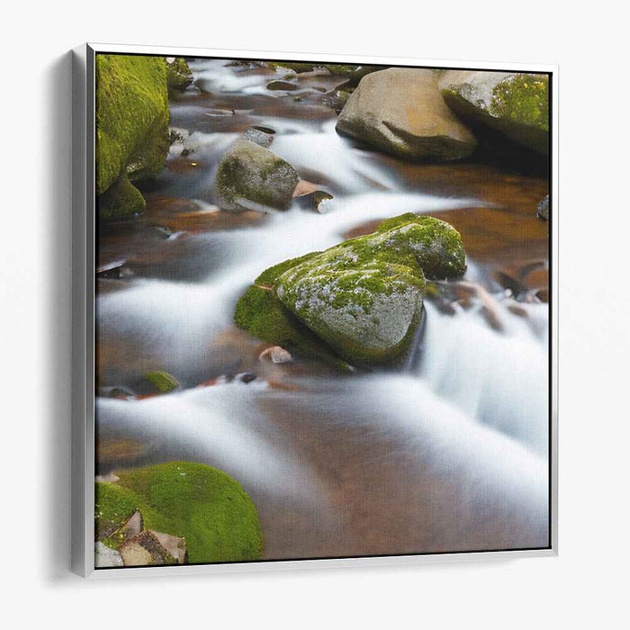 Cascading Nature's Tranquility: Serene Moss-Covered Rocks and Flowing Water Canvas Art Print