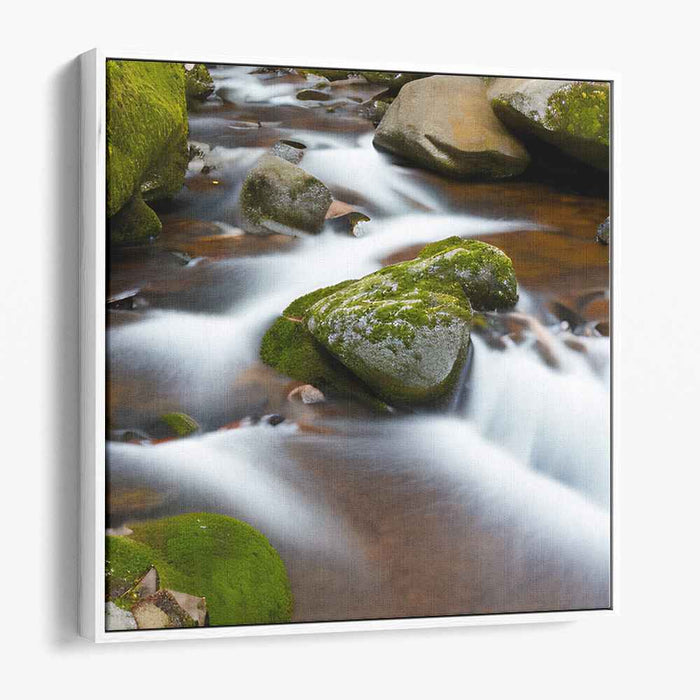Cascading Nature's Tranquility: Serene Moss-Covered Rocks and Flowing Water Canvas Art Print