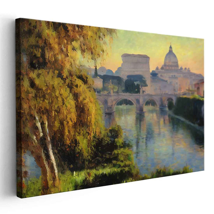 Ethereal Glow Over Vatican City: Impressionist Canvas Art of Romeâ€™s St. Peter's Basilica at Sunset