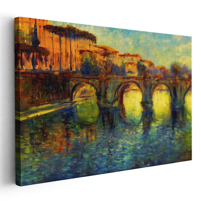 Sunset Melodies Over Water: Impressionist River Bridge at Sunset Canvas Art Print