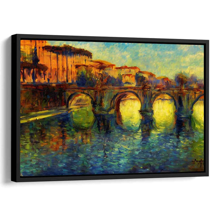 Sunset Melodies Over Water: Impressionist River Bridge at Sunset Canvas Art Print