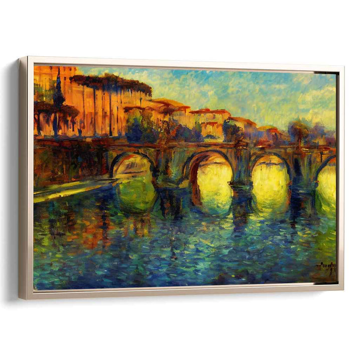 Sunset Melodies Over Water: Impressionist River Bridge at Sunset Canvas Art Print