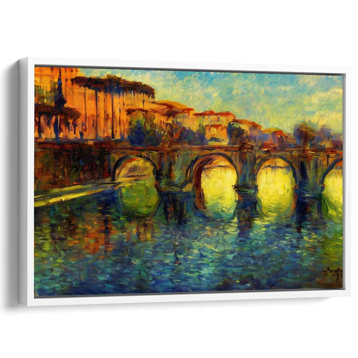 Sunset Melodies Over Water: Impressionist River Bridge at Sunset Canvas Art Print