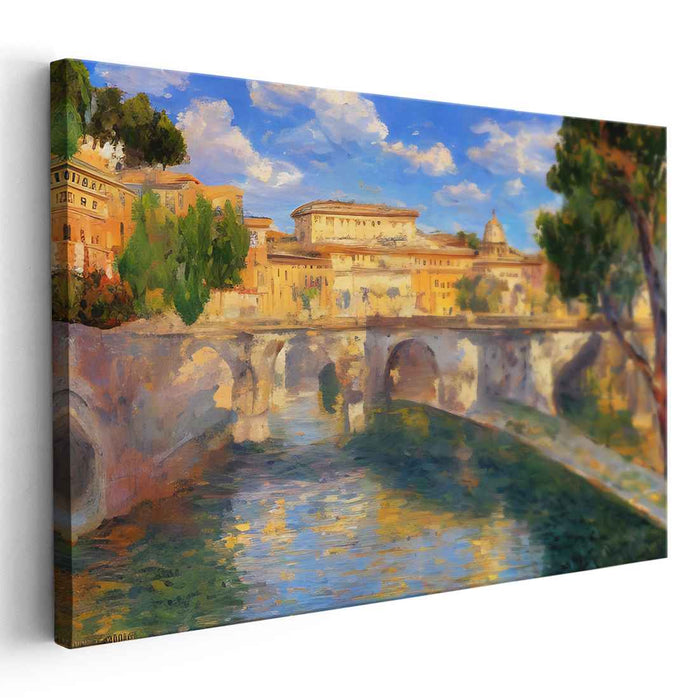 City Brushstrokes Dance on Water: Impressionist River and Cityscape Canvas Art