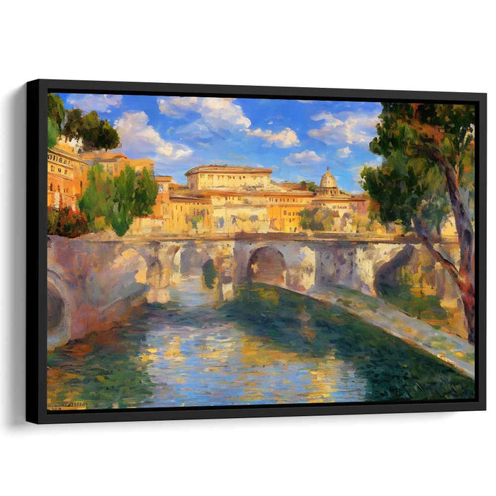 City Brushstrokes Dance on Water: Impressionist River and Cityscape Canvas Art