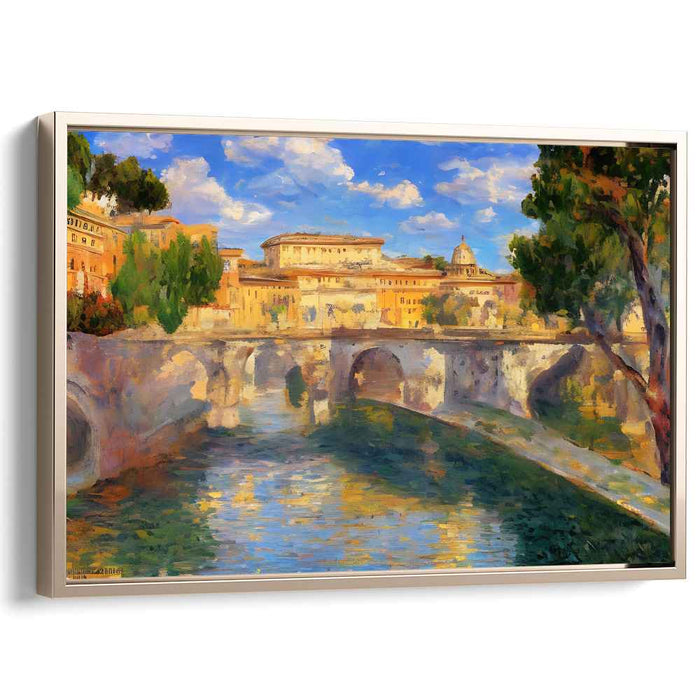 City Brushstrokes Dance on Water: Impressionist River and Cityscape Canvas Art