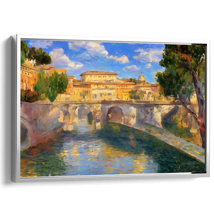 City Brushstrokes Dance on Water: Impressionist River and Cityscape Canvas Art