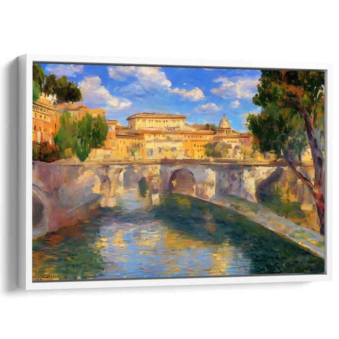 City Brushstrokes Dance on Water: Impressionist River and Cityscape Canvas Art