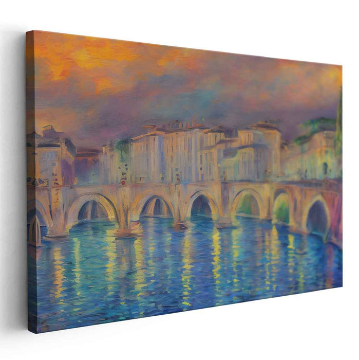 Fleeting Watercolor Serenity: Impressionist Riverside Bridge Canvas Art Print