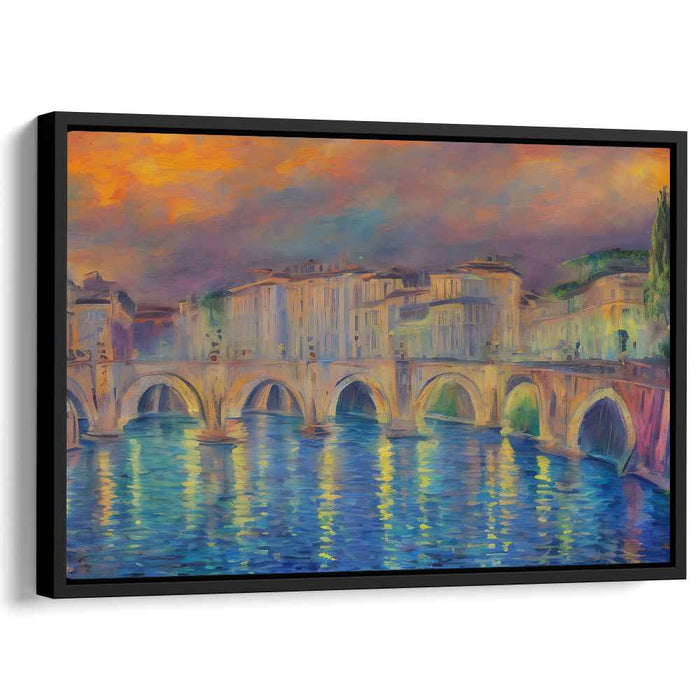 Fleeting Watercolor Serenity: Impressionist Riverside Bridge Canvas Art Print