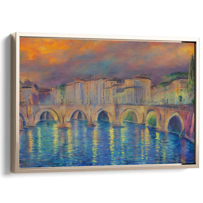 Fleeting Watercolor Serenity: Impressionist Riverside Bridge Canvas Art Print