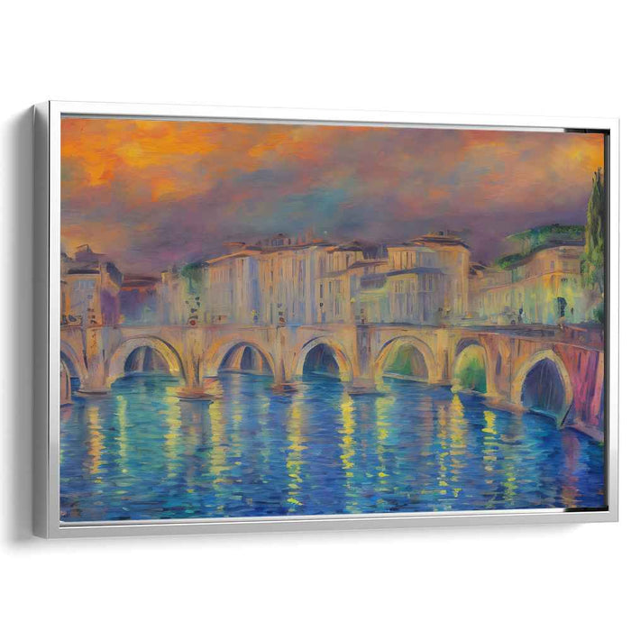 Fleeting Watercolor Serenity: Impressionist Riverside Bridge Canvas Art Print