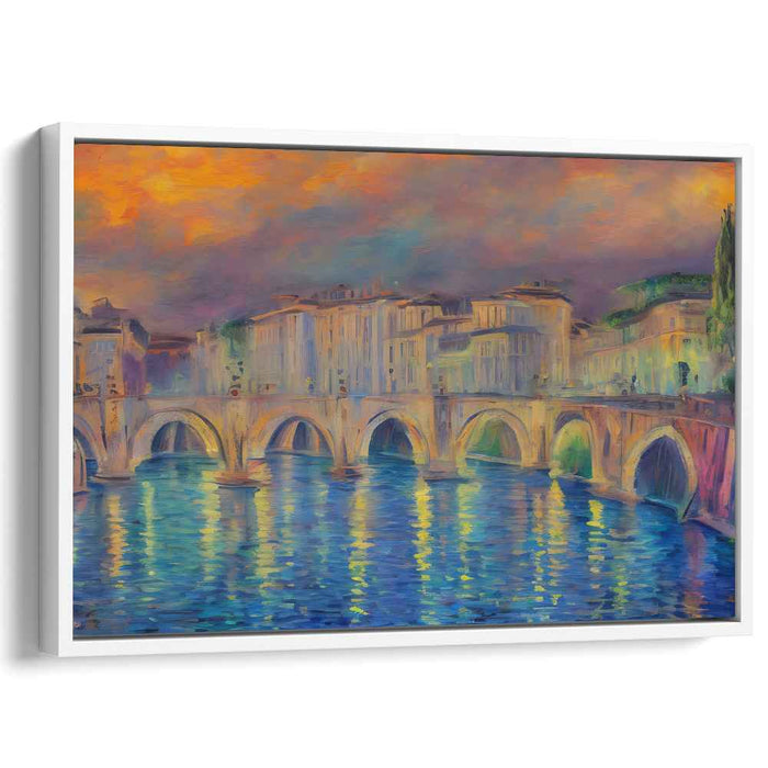 Fleeting Watercolor Serenity: Impressionist Riverside Bridge Canvas Art Print