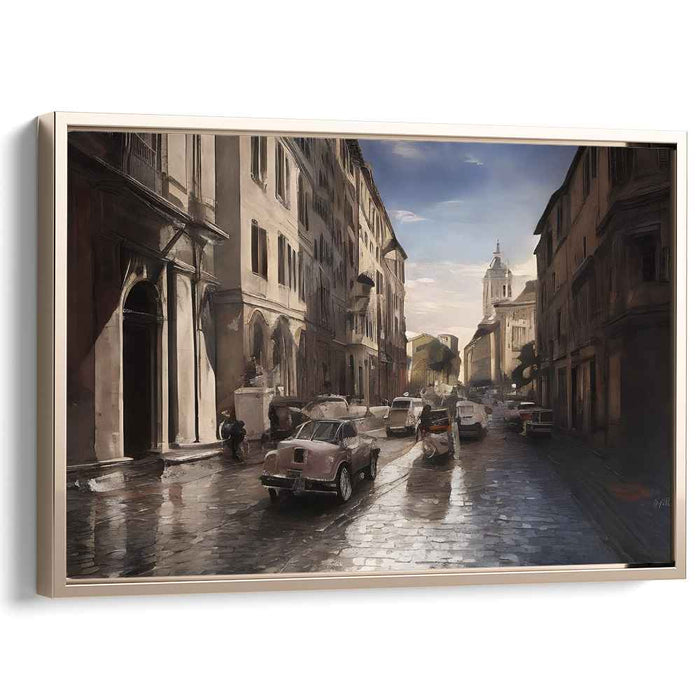 Love's Echoes: Romantic Cityscape with Vintage Cars on Cobblestone Street