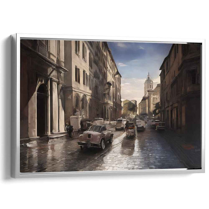 Love's Echoes: Romantic Cityscape with Vintage Cars on Cobblestone Street