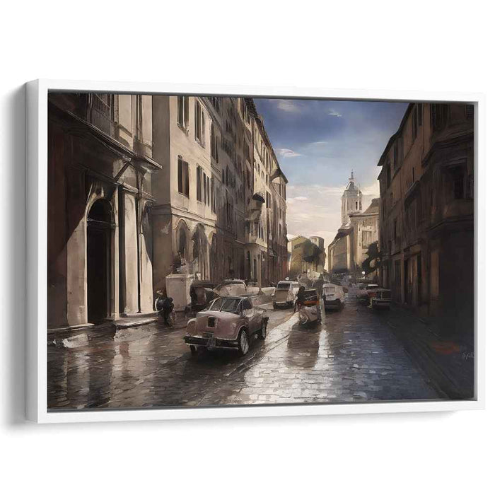 Love's Echoes: Romantic Cityscape with Vintage Cars on Cobblestone Street