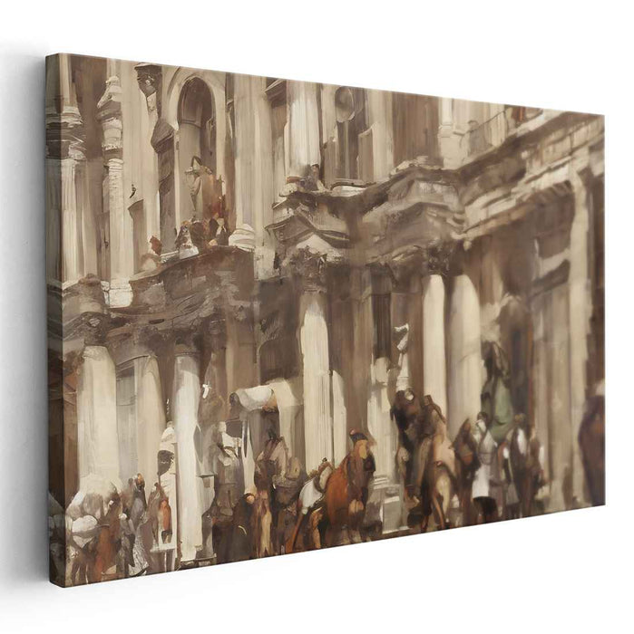 Vintage Urban Symphony Canvas: Sepia-Toned Bustling Scene Canvas Art Print