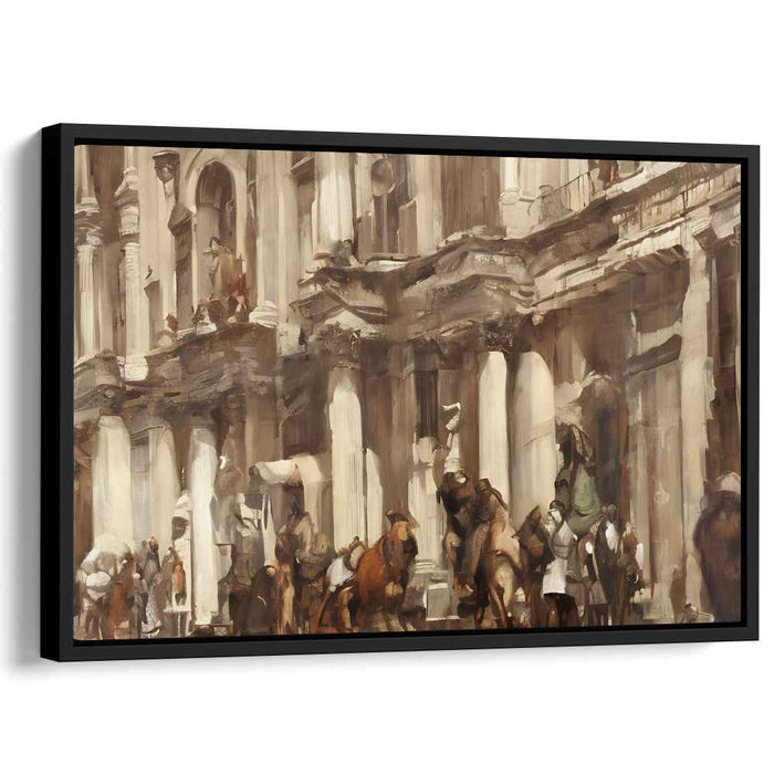 Vintage Urban Symphony Canvas: Sepia-Toned Bustling Scene Canvas Art Print