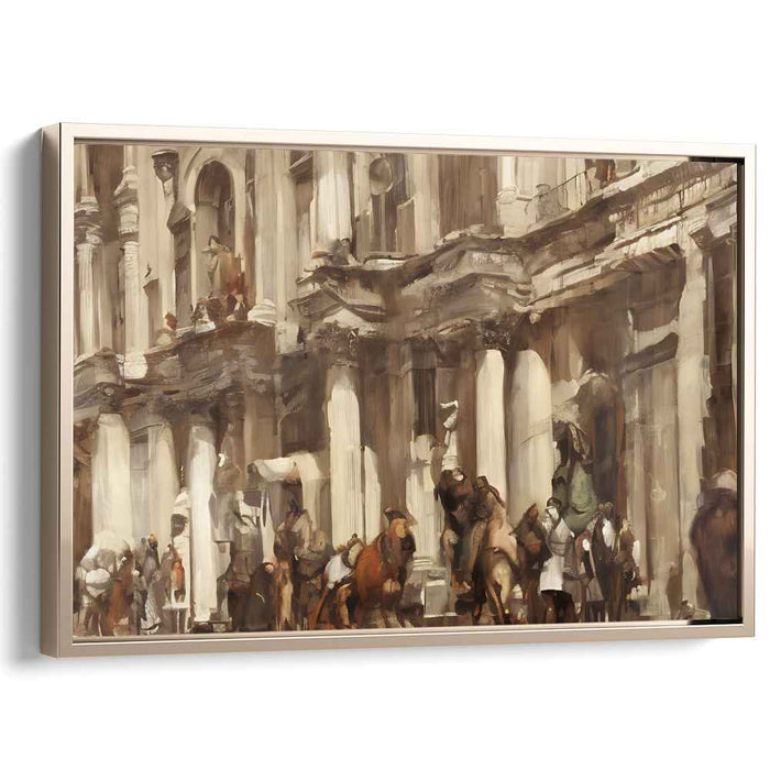 Vintage Urban Symphony Canvas: Sepia-Toned Bustling Scene Canvas Art Print