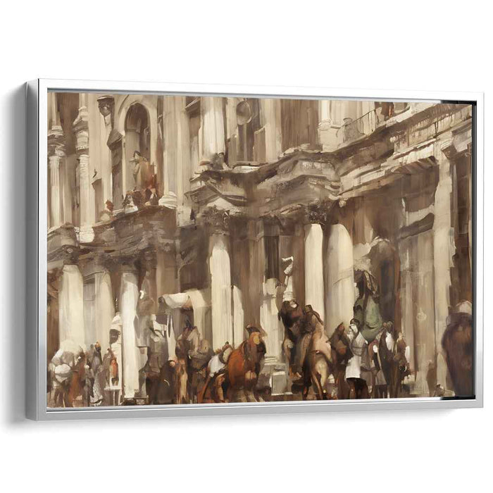 Vintage Urban Symphony Canvas: Sepia-Toned Bustling Scene Canvas Art Print
