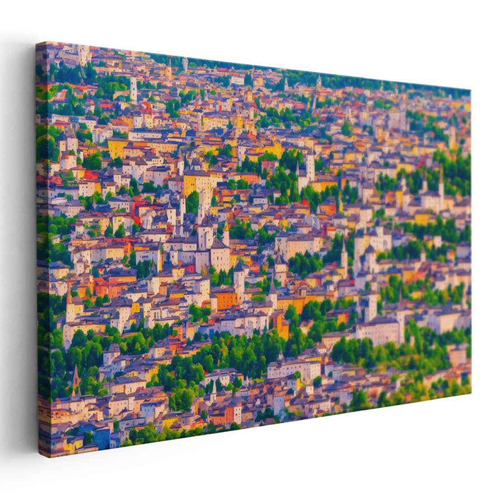 Warm Hues Over Urban Charm: Impressionistic Cityscape Canvas Art