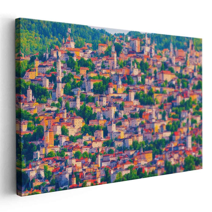 Vibrant Hillside Elegance: Colorful Town Landscape Canvas Art