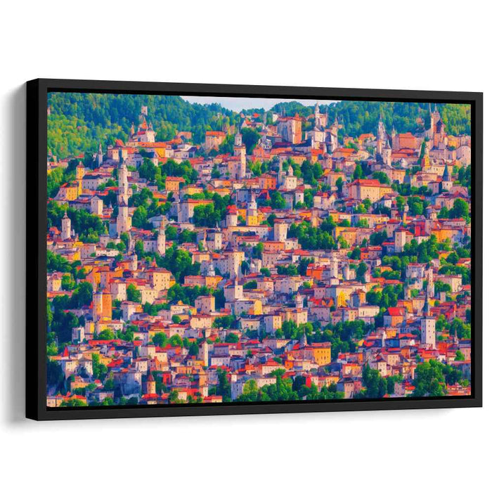 Vibrant Hillside Elegance: Colorful Town Landscape Canvas Art