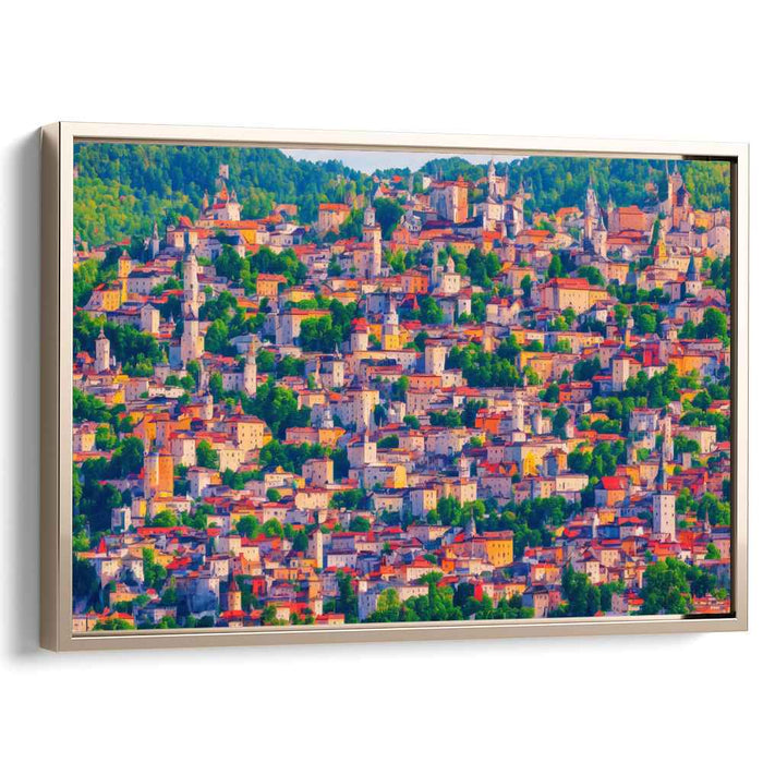 Vibrant Hillside Elegance: Colorful Town Landscape Canvas Art