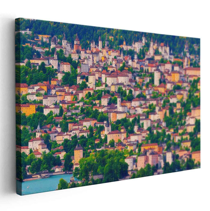 Sunlit Hillside Village: Serene European Townscape Canvas Art Print