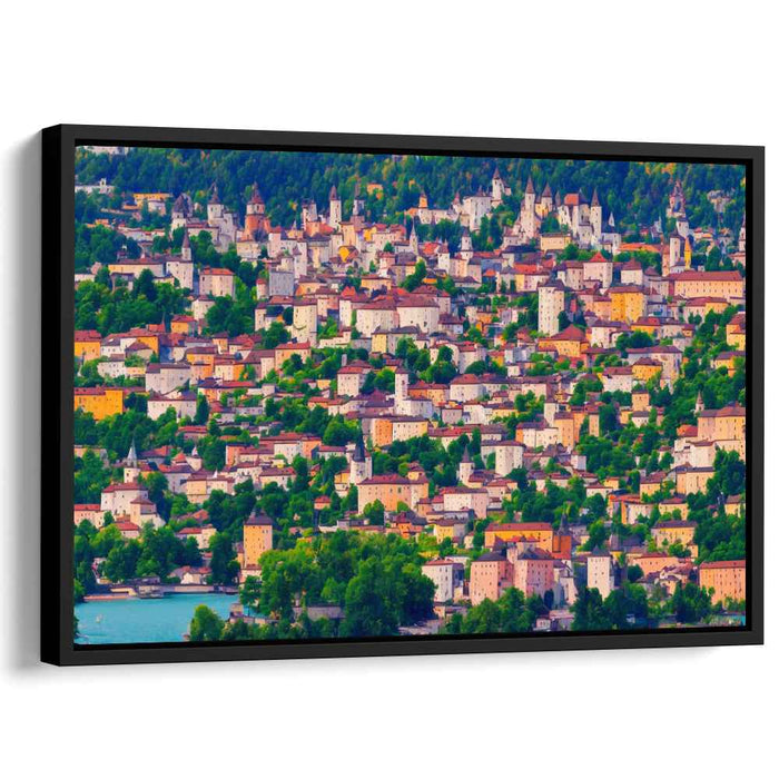 Sunlit Hillside Village: Serene European Townscape Canvas Art Print