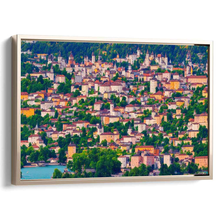 Sunlit Hillside Village: Serene European Townscape Canvas Art Print