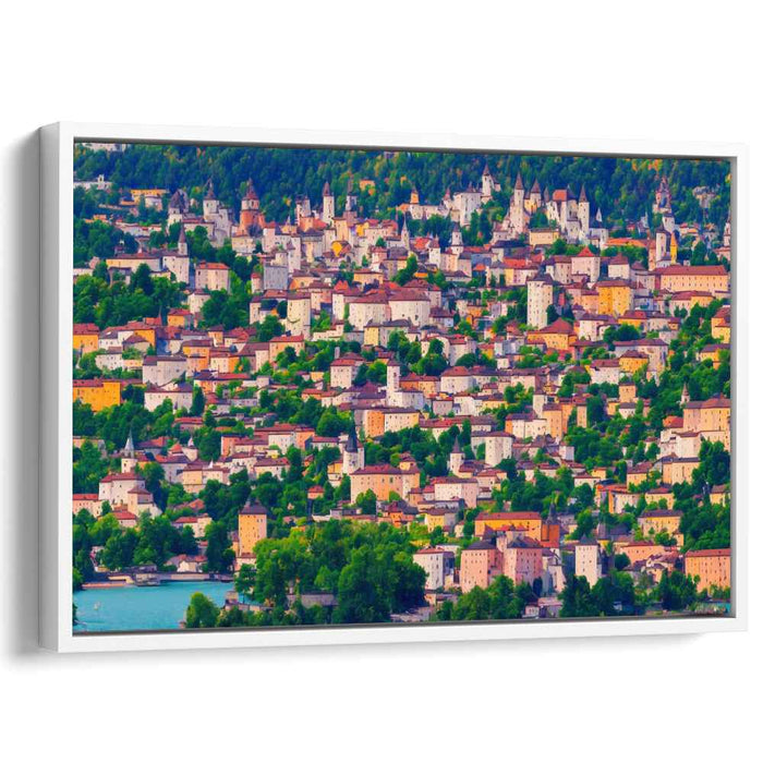 Sunlit Hillside Village: Serene European Townscape Canvas Art Print