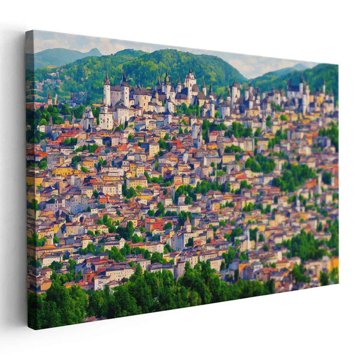 Enchanted Cityscape: Lush Hills and Vibrant Architecture Canvas Art Print