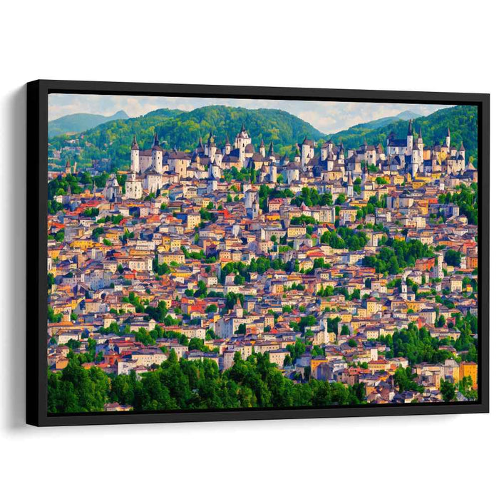 Enchanted Cityscape: Lush Hills and Vibrant Architecture Canvas Art Print