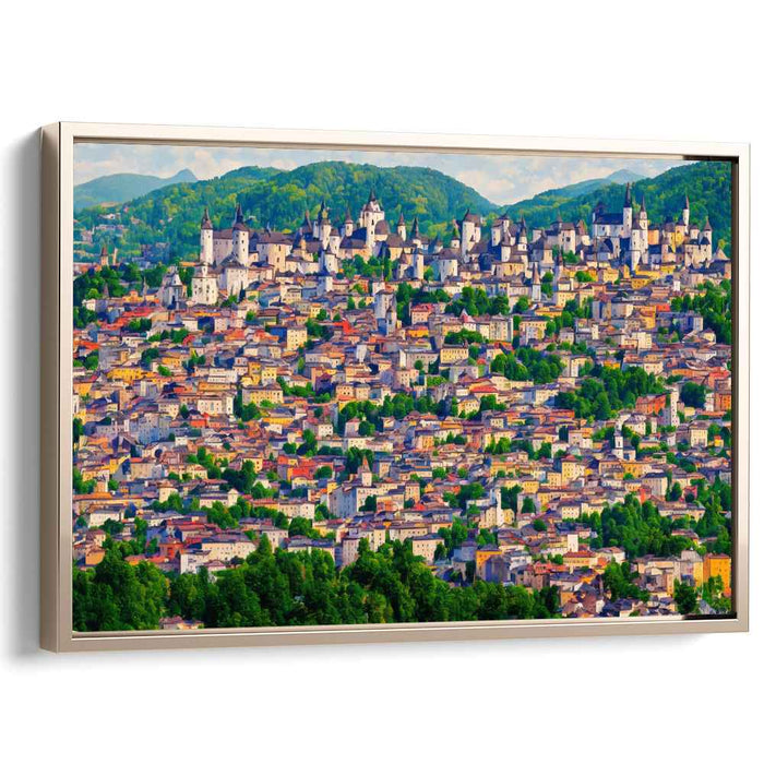 Enchanted Cityscape: Lush Hills and Vibrant Architecture Canvas Art Print