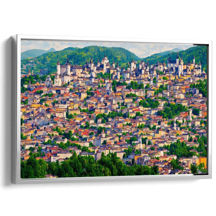 Enchanted Cityscape: Lush Hills and Vibrant Architecture Canvas Art Print