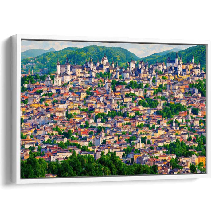 Enchanted Cityscape: Lush Hills and Vibrant Architecture Canvas Art Print