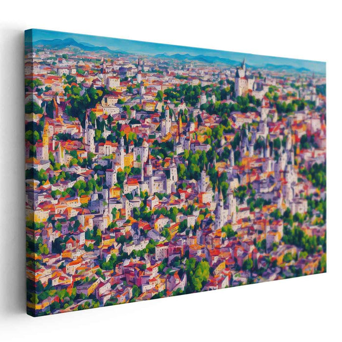 Vibrant Medieval Cityscape: Aerial View Canvas Art Print