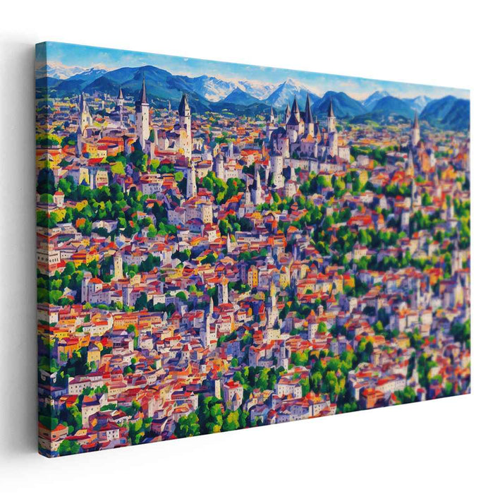Vivid Village Rhapsody: Lively European Town in Bold Brush Strokes Canvas Art Print