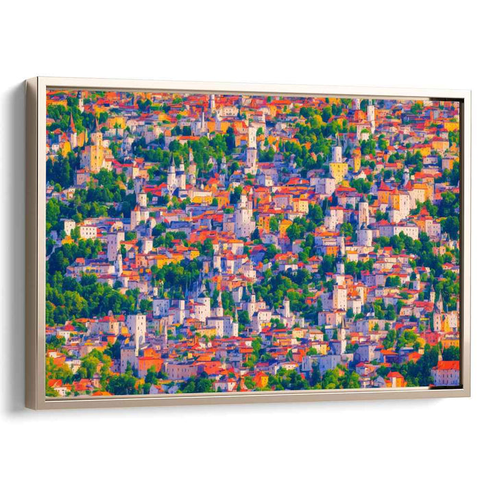 Vibrant Village Mosaic: Colorful Townscape Canvas Art Print