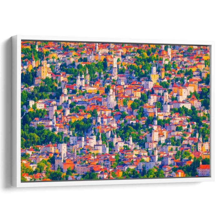 Vibrant Village Mosaic: Colorful Townscape Canvas Art Print