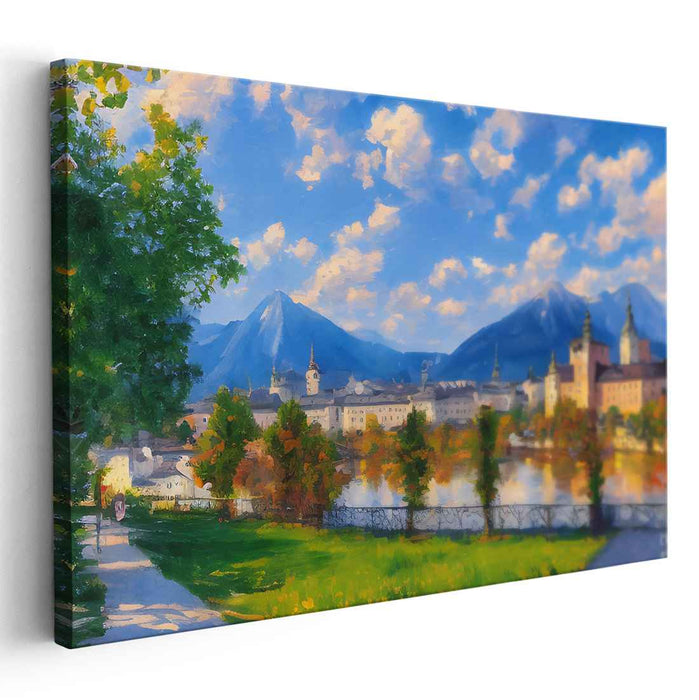 Slope Serenade: Impressionist Mountain and River View Canvas Art Print