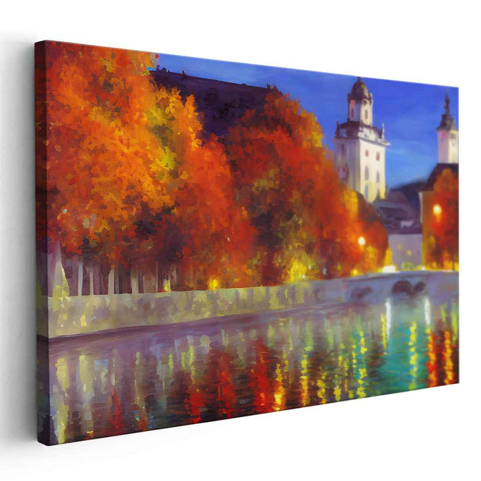 Twilight Serenade in Brushstrokes: Impressionist Riverside Town at Twilight