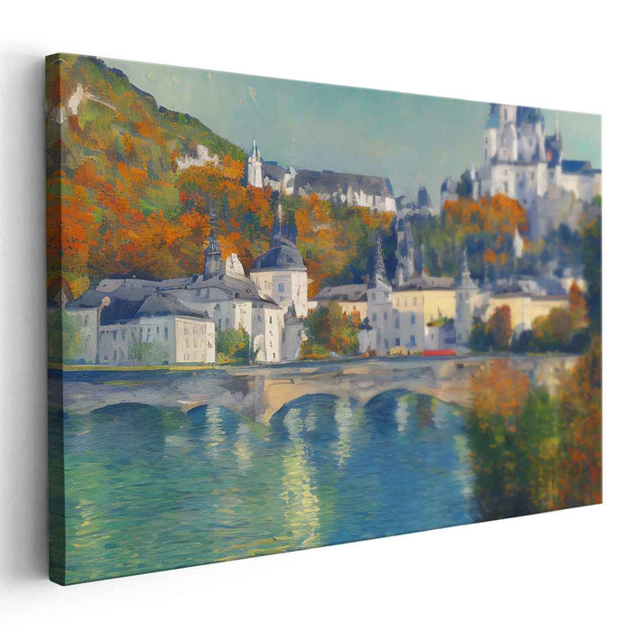 Crimson Reflections on Cobblestone: Riverside Townscape in Fall Colors Canvas Art Print