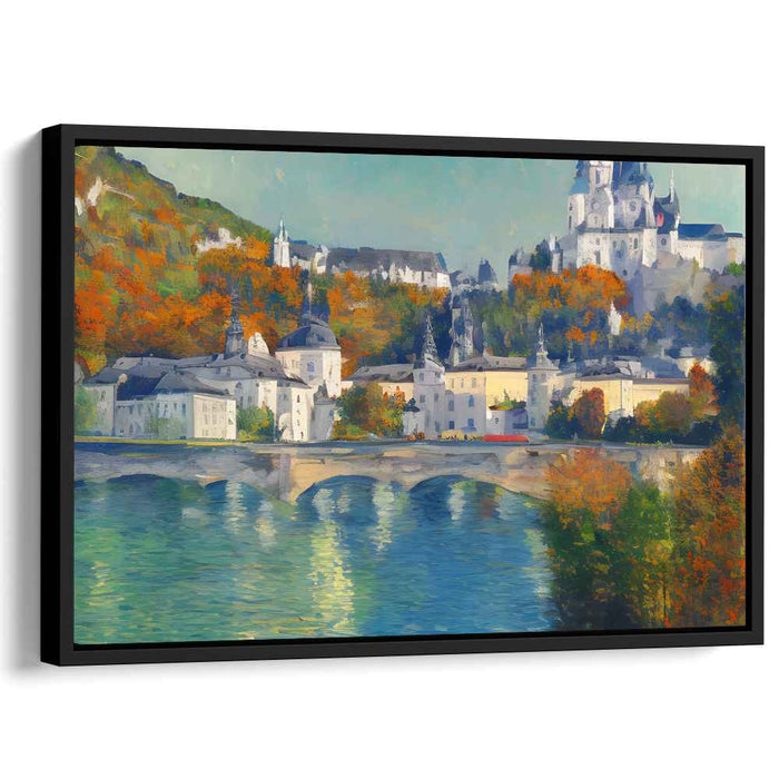 Crimson Reflections on Cobblestone: Riverside Townscape in Fall Colors Canvas Art Print