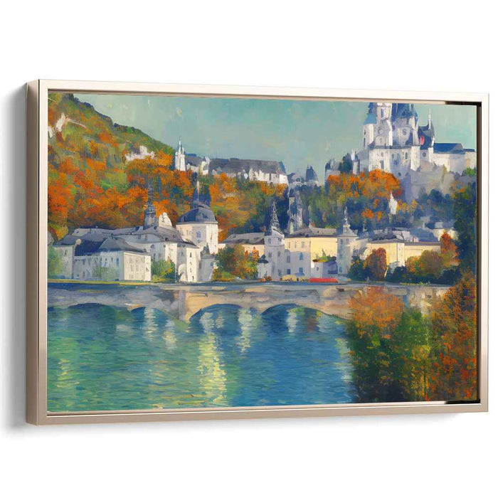 Crimson Reflections on Cobblestone: Riverside Townscape in Fall Colors Canvas Art Print