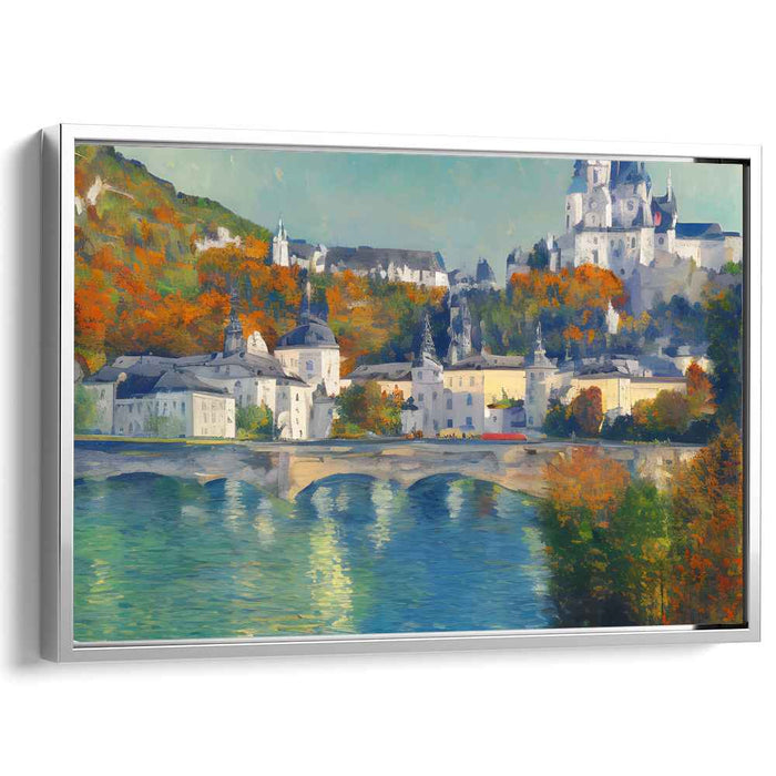 Crimson Reflections on Cobblestone: Riverside Townscape in Fall Colors Canvas Art Print